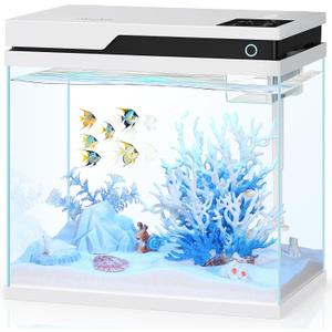 PONDON Smart Fish Tank 7 Gallon, Small Beta Fish Aquariums Startar Kit with Automatic Feeder, Glass Betta Tank with Filter and Light (7-Gal White)