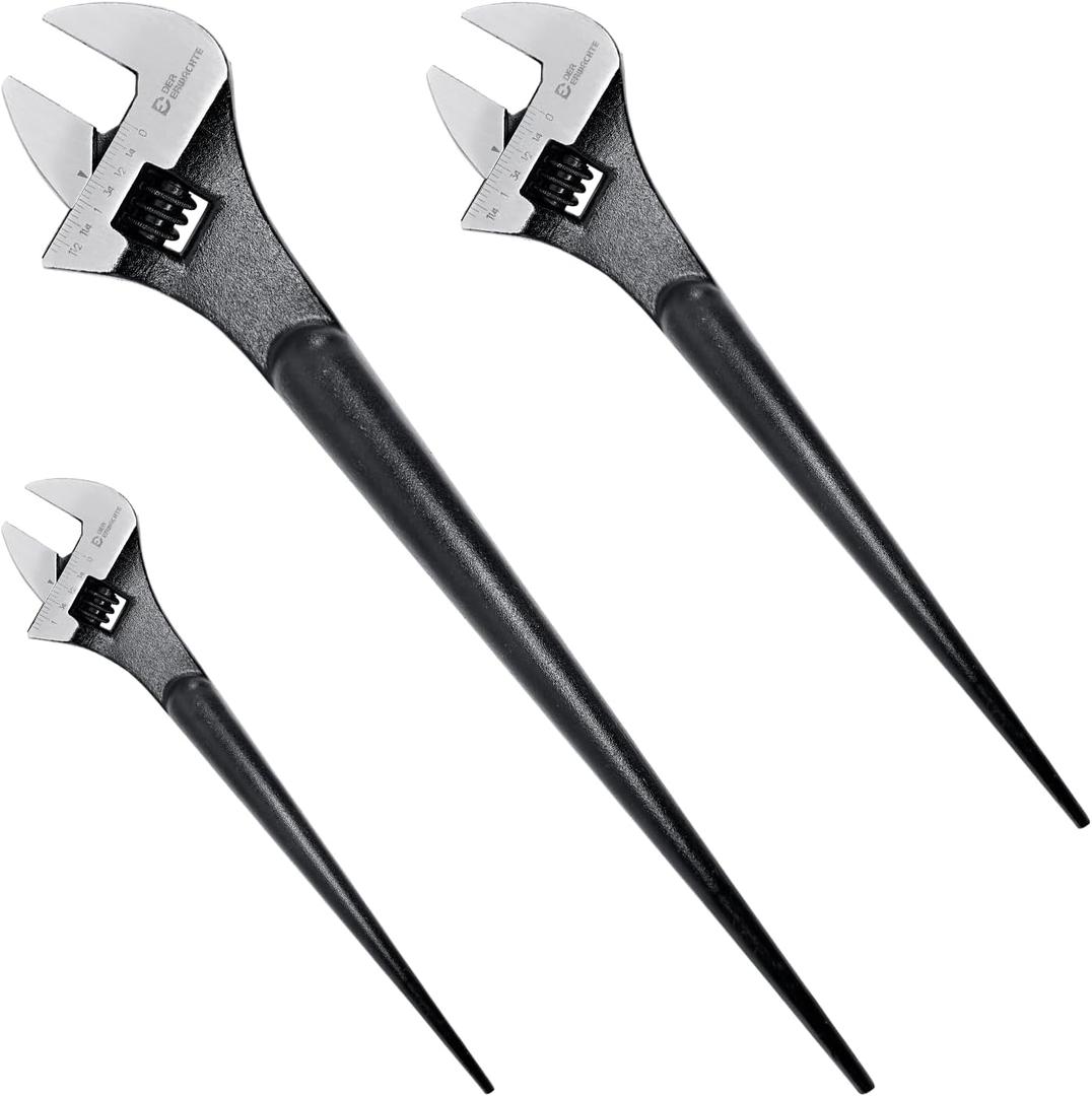 3-Piece Adjustable Construction Spud Wrench Set, 10-inch, 12-inch, 16-inch, SAE and Metric Scale Marked, CR-V Steel with Black Oxide Finish, Alignment Holes and Tail Crowbar Features