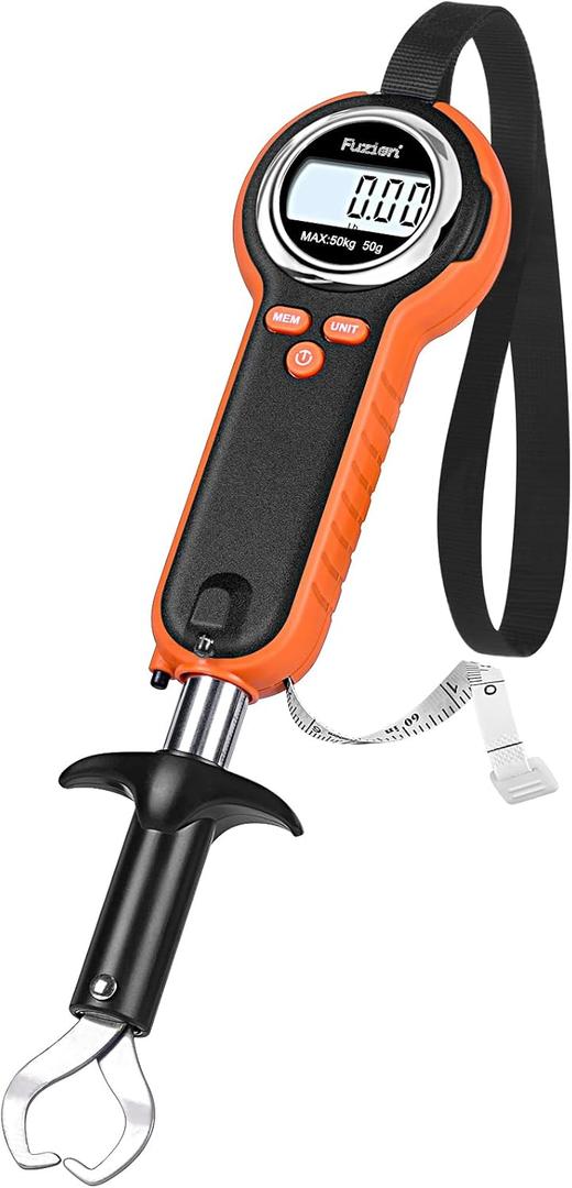 Fuzion Fish Scale, Professional Fishing Scale - 110lb Capacity, Waterproof, Night Light, Memory & Tape Measure | Portable Fish Weigh Kit w/Lip Gripper, Batteries & Pouch