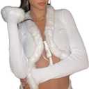 Women's Furry Cropped Cardigan Y2k Tie Front Long Sleeve Blouse Sexy Fur Trim Sweater Jacket Rave Party Top (Large)