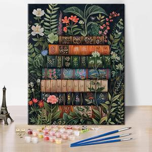 TUMOVO Book Paint by Number for Adult Beginner Flowers Tropical Plants Canvas Oil Painting Kit Digital Painting Vintage Home Library Office Wall Decoration 16x20inch Frameless