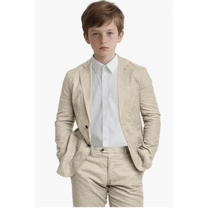 Boy Beige Suit for Kids Linen Slim Fit Beach Wedding Suits Formal Dress Tuxedo Ring Bearer Outfits Boys Casual Clothes, Size 10Y