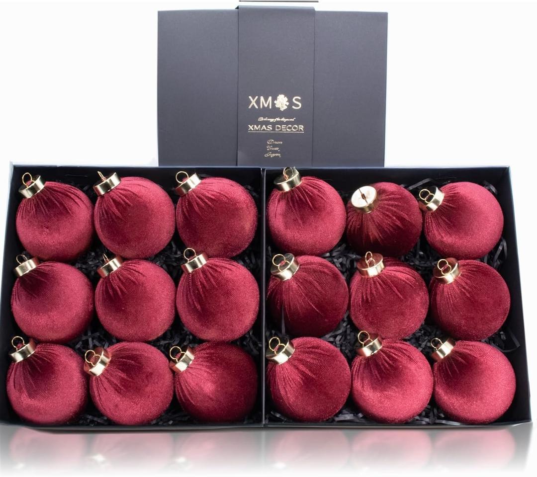 18PCS Burgundy Red Velvet Christmas Ornaments Set  Large Flocked Shatterproof Baubles for Xmas Tree Decoration, Hanging Ornaments for Holiday & Home Dcor (Burgundy Red, 3 Inch / 8 cm)