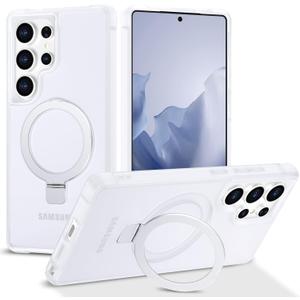 Magnetic Compatible with Samsung Galaxy S25 Ultra Case with Stand [Military Grade Drop][Compatible with Magnet] Ring Holder Translucent Slim Hard Back Soft Edge, White