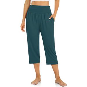 UEU Women's Capri Pants Summer Loose Yoga Pants Comfy Workout Cropprd Pants with Pockets (X-Large, Malachite Green)
