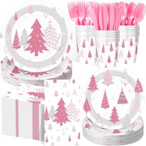 Pickmesh 400 Pcs Pink Winter Party Supplies Silver Xmas Tree Snowflake Disposable Paper Plates Napkins Cups Cutlery for Winter Xmas Christmas Birthday Party Table Decorations Serve 50