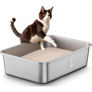 Stainless Steel Litter Box with Handle, Large Metal Cat Litter Box with High Sided for Big and Small Cats, Kitty Litter Boxes, Non-Stick, Easy to Clean, Odor-Free, Small Cat Toilet (17.5"L13.6"W5.9"H)