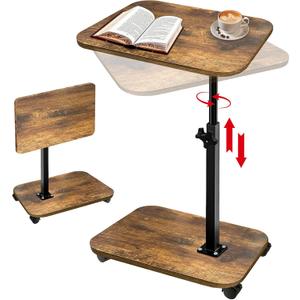 2-Tier TV Tray with Wheels, Adjustable Height & Angle, Wooden Side Table for Sofa  360 Swivel C-Shaped End Table for Meals, Coffee, Snacks, Books & Tablets  Rustic Brown