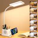 cozoo Desk Lamp, LED Desk Lamps for Home Office with 15W Wireless Charger/ Organizer, Desk Lamp for College Dorm Eye-Caring Study Light, Gooseneck Table Lamp with Pen Holders/ Storage, 12 Lighting Modes