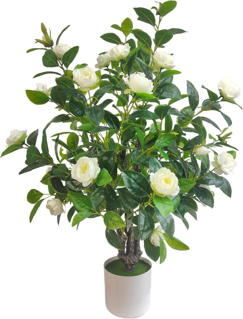 Artificial Camellia Tree 35in Faux Floral Plant with White Flowers and Green Leaves - No Maintenance Indoor Outdoor Office Home Porch Decor Housewarming Gift(1 Pack - White) (1pack-white)