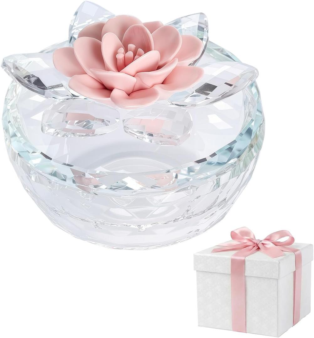 Crystal Jewelry Box for Women, Small Glass Trinket Jar with Lid, Clear Lotus Flower Storage Holder Elegant Organizer Dish for Ring, Earrings, Necklace, Gift (Pink Flower)