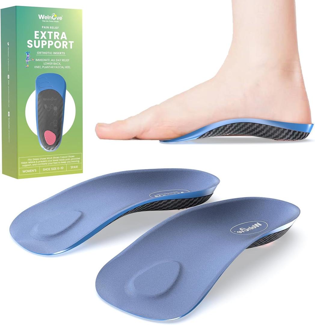 Semi-Rigid Arch Support Inserts for Men Women - Welnove Work Boot Insole for Walking or Standing All Days,3/4 Length Heel Pain Relief Insert for Flat Feet,Shoe Insoles for Women 10.5-13 Men 8.5-12 (Blue)