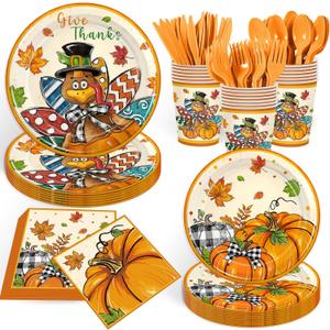 168PCS Turkey Thanksgiving Party Supplies Watercolor Fall Harvest Party Decorations Autumn Maple Paper Plates Cups Napkins for Birthday Baby Shower Picnic Tableware 24 Guests