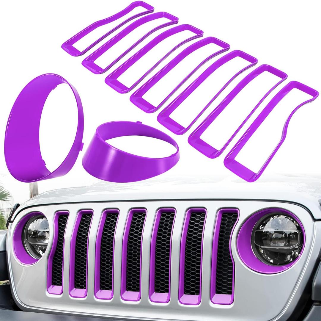 Front Grille Mesh Inserts & Headlight Cover for Jeep Wrangler JL JLU Sport & Sport S Only 20182023 Exterior Accessories Clipin Grille Guard Cover Headlight Bezels Trim Ring (Purple 9PCS)