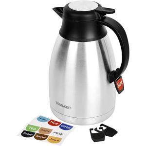 TOMAKEIT Thermal Coffee Carafe with Hang Tag, 2L/68 Oz Stainless Steel Vacuum Insulated Thermoses, Double-Wall Design, 24-Hour Hot & Cold, Leak-Proof, Portable for Travel,Camping,Office (Silver)