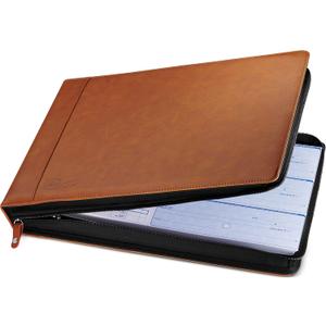 Inkline 7 Ring Check Binder Portfolio -Professional PU Leather Binder with Zippered Closure -500 Check Capacity -9x13 Inch Sheets -Document & Card Organizer - Large Tablet Pocket - Brown (80016)