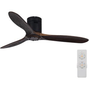 Neatfi 52" Nordic Low Profile Ceiling Fan Without Light, 3 Solid Wood Blades, 6-Speed, Flush Mount Indoor Ceiling Fan No Light with Remote for Kitchen, Bedroom & Living Room (Brown, 52 Inches)