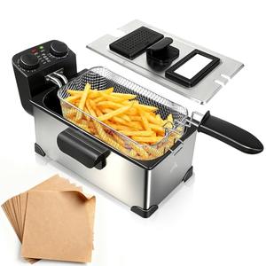 CATTLEMAN CUISINE Immersion Deep Fryer with Basket, 1600W, 3L Small Deep Fryer with Timer Control, Fryer Pot for Home Use, Temperature Control, Lid with Viewing Window, Stainless Steel Electric Fryer