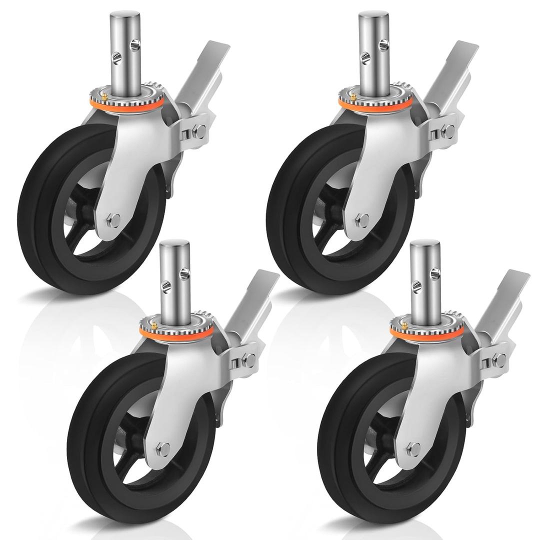 8 inches Scaffolding Wheels 1-3/8" Solid Round Stem Caster with Dual Locking Brakes 1100LBS Capacity Per Wheel Commercial Scaffolding Accessories