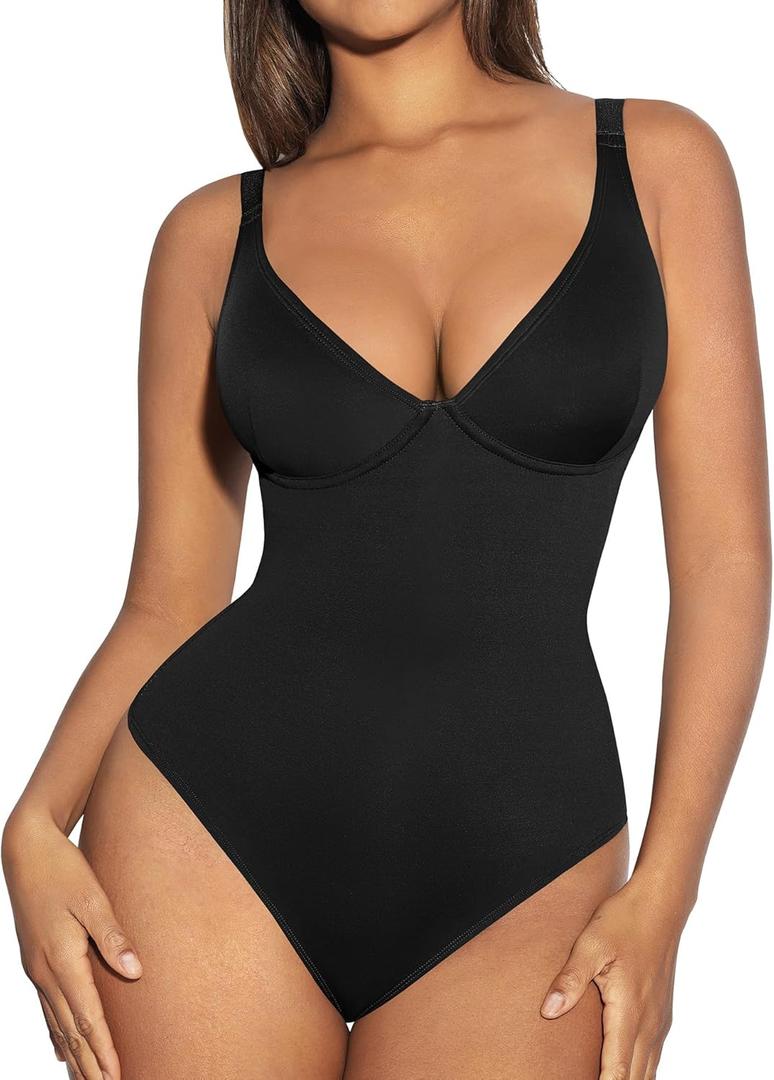 FeelinGirl Shapewear Bodysuits for Women Tummy Control Body Suits Deep V Neck Thong Body Shaper (Large, Black)