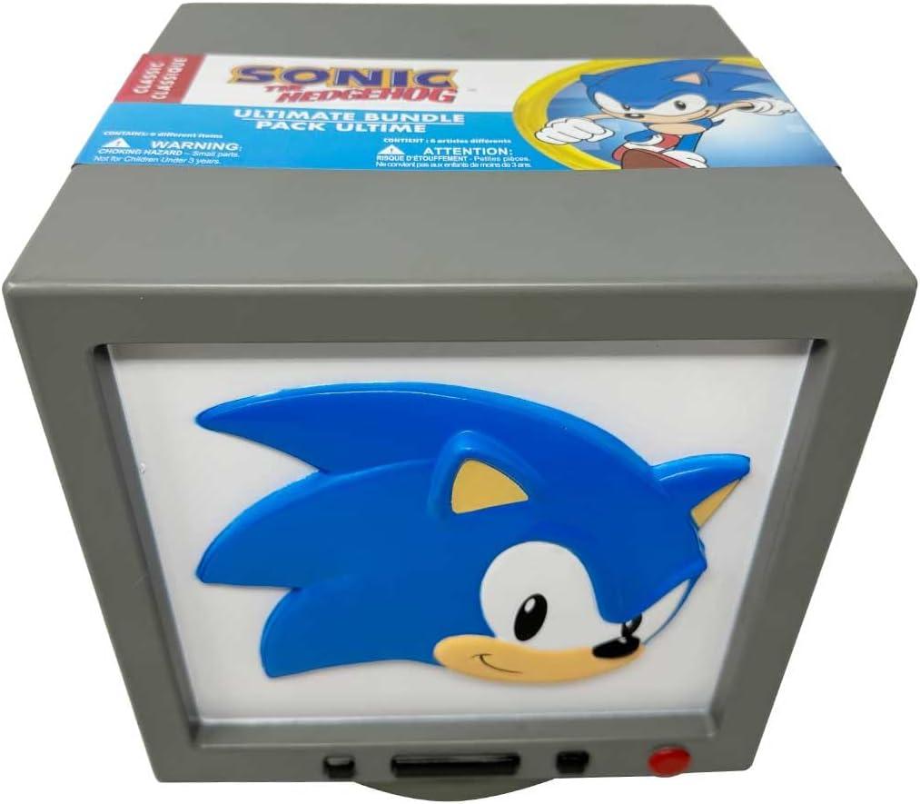 Sonic The Hedgehog Surprise TV Bundle 10 Sonic TV Box with SquishMe, Backpack Hanger, Fidget Spinner, Mini Figure, Giant Pop-It & 1-in-5 Chance for Rare Minekit