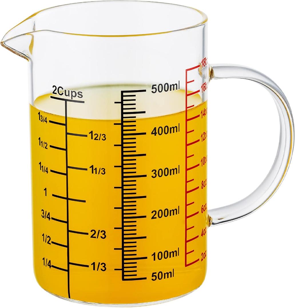 Glass Measuring Cup-[Insulated handle | V-Shaped Spout]-Made of High Borosilicate Glass Measuring Cup for Kitchen or Restaurant, Easy to Read, 500 ML (16 Oz, 2 Cup) (2Cup,500ml(High Borosilicate Glass))
