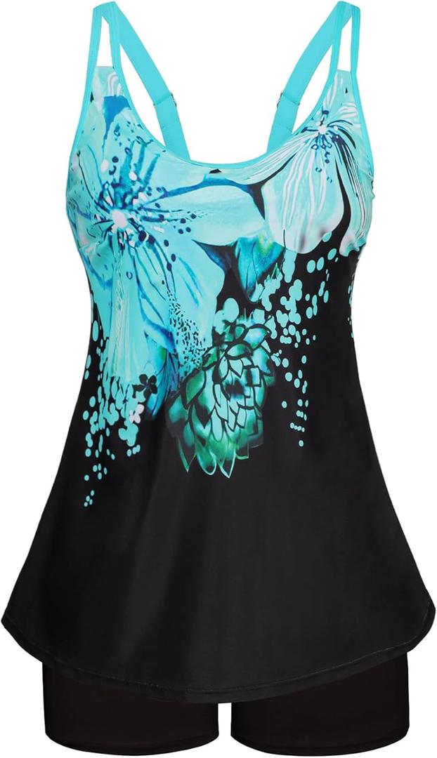 Arolina Tankini Swimsuits for Women Tummy Control Two Piece Bathing Suits Flowy Swim Tops with Boy Shorts (Medium, Blue Floral)