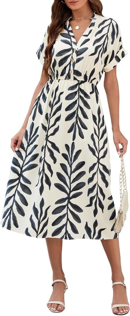 SEAFORM Women's Casual Long Dress V-Neck Retro Floral Print Dresses | Elegant, Long Fitted Floral Print Dress for Women, Flowy Hemlines, Work, Business, Wedding, Casual, Beach, Vacation Outfits (Beige, M)