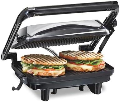 Hamilton Beach Panini Press Sandwich Maker & Electric Indoor Grill with Locking Lid, Opens 180 Degrees for any Thickness for Quesadillas, Burgers & More, Nonstick 8" x 10" Grids, Chrome (25460AG)