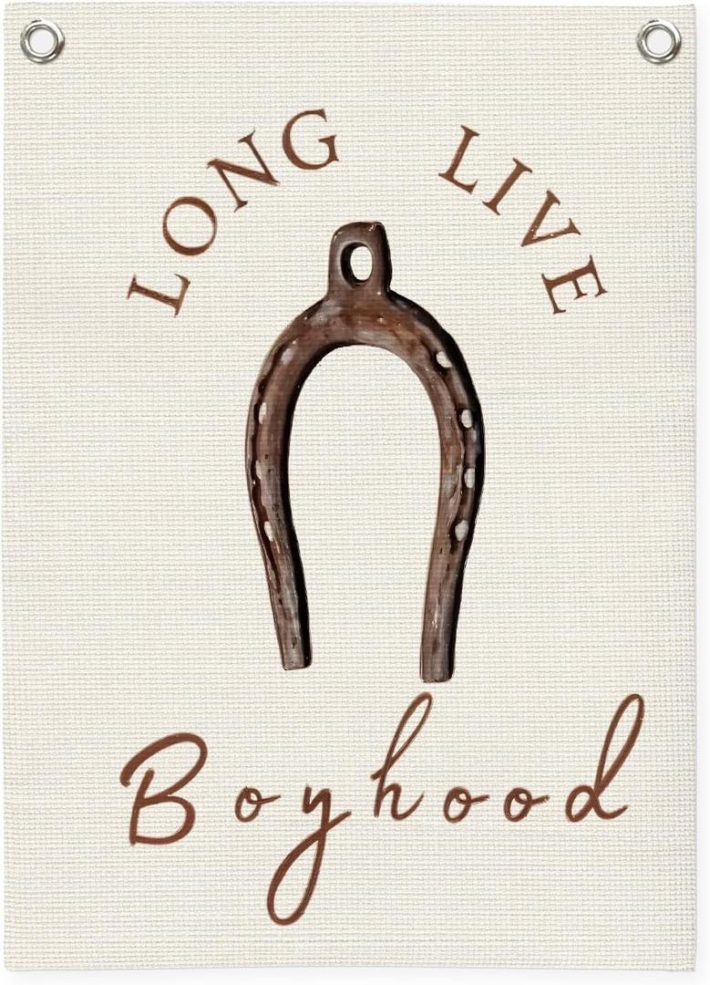 Dilemat Long Live Boyhood Canvas Banner Wall Hanging, Western Cowboy Nursery Decor,Vintage Horseshoe Wall Decor Hanging Banner Flag for Boys Toddler Nursery Room Bedroom Playroom 18X25 Inch