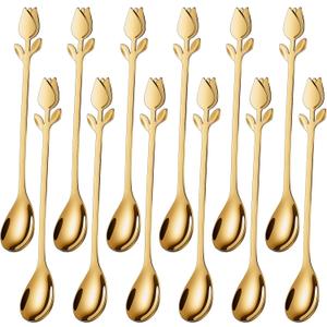 Gold Tulip/Rose Handle 12-Pcs Mini Coffee Spoons Set - 6" Stainless Steel for Espresso, Tea, Dessert - Ideal for Demitasse & Small Servings