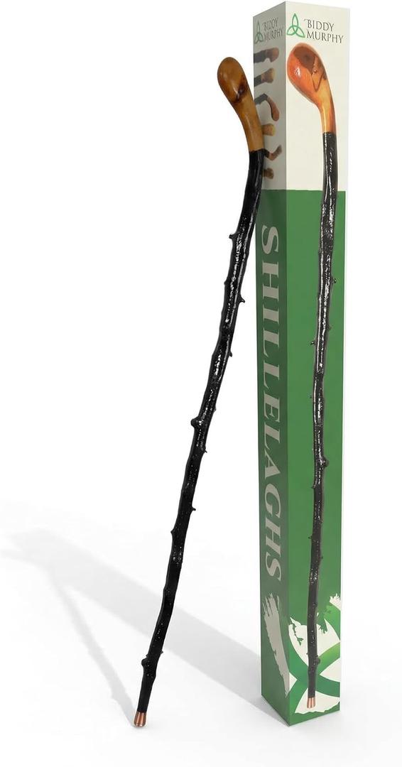 Biddy Murphy Irish Blackthorn Wood Shillelagh Walking Stick, Handmade in Ireland, High Gloss Painted Finish with Gift Box – Natural Variation in Handle and Thorns, Differ from Image