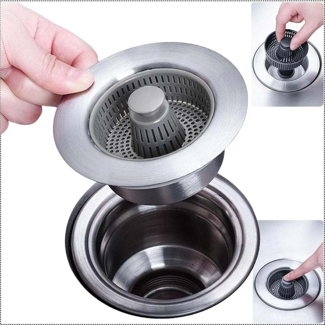 Premium 3 in 1 Stainless Steel Kitchen Sink Strainer and Stopper for DEEP Drainage Holes, Fast Deep Basket, Fast, no Mistake Triggering. Prevents Clogging and Isolates Odors