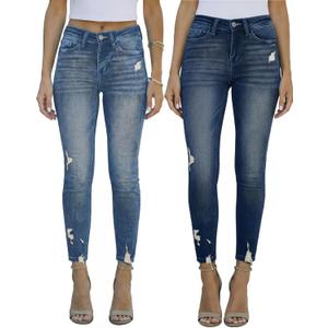 Women's Mid Waisted Jeans Trendy Distressed Stretch Ripped Butt Lift Denim Pants (Pack of 2) (Large, Blue & Dark Blue)