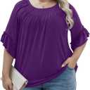 Micoson Womens Plus Size Tops 3/4 Ruffle Sleeve Shirts Crewneck Pleated Blouses Dressy Casual Fashion Tunic Top, 2XL