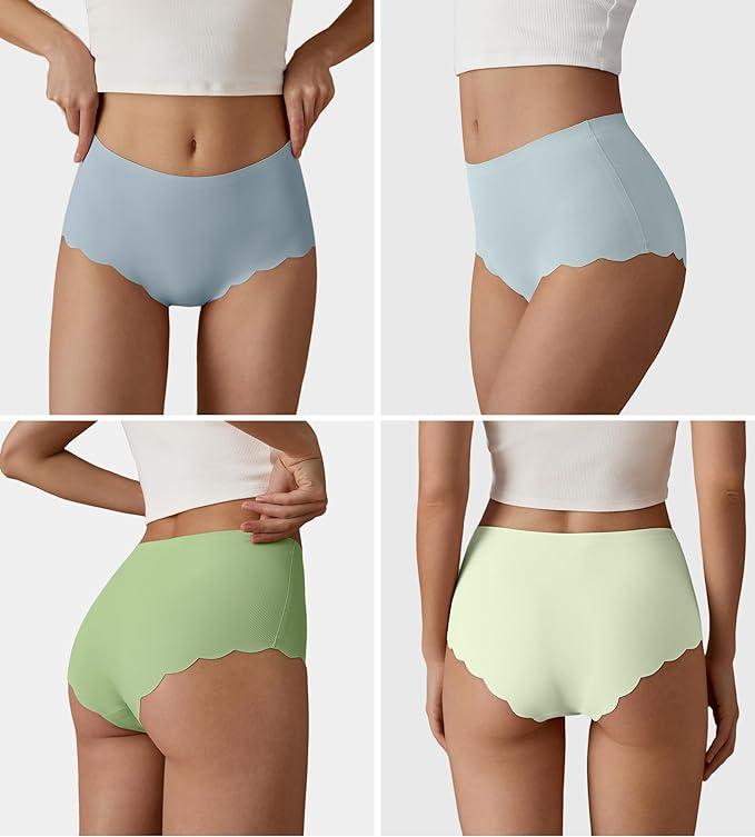 SHARICCA Seamless High Waisted Underwear for Women Cheeky Underwear Wave Edge No Show Bikini Panties Ribbed Panties Pack (Medium, Blue/Sky Blue/Forest Green/Lightly)