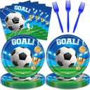 3 x 48Pcs Soccer Birthday Party Decorations for 16 Guests,Soccer Game Theme Party Plates and Napkins Forks for Kids Baby Shower Birthday Supplies Set (blue and green)
