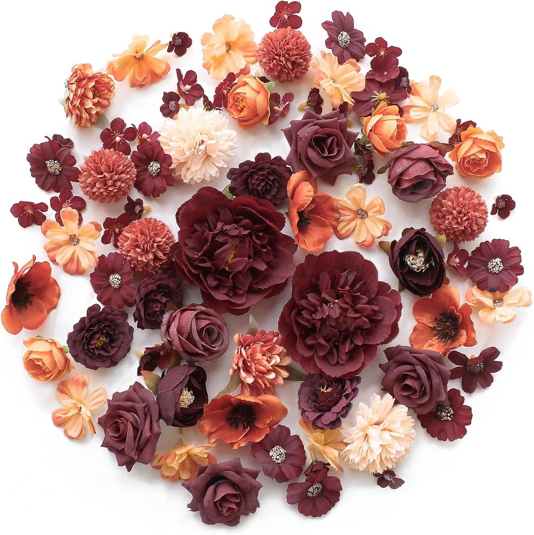 Floroom Mini Artificial Flower Heads Burnt Orange & Burgundy Fake Peony Daisy Rose Multicolor Small Faux Silk Flower Heads for Cake Craft Garland Wedding Party Graduation Cap DIY Home Decoration