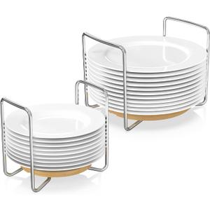 Plate Holder for Kitchen Drawers - Bamboo Dish Racks for Kitchen Counter 2Pcs Small & Large - Adjust 6.75" to 12.5" Stainless Steel Plate and Bowl Organizer for Cabinet, RV, Countertop