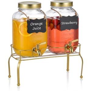 1 Gallon Glass Drink Dispenser Set of 2 Drink Dispensers for Parties, Beverage Dispenser with Stand & 100% Leakproof Spigot, Ideal for Lemonade, Juice, Laundry Detergent Dispenser