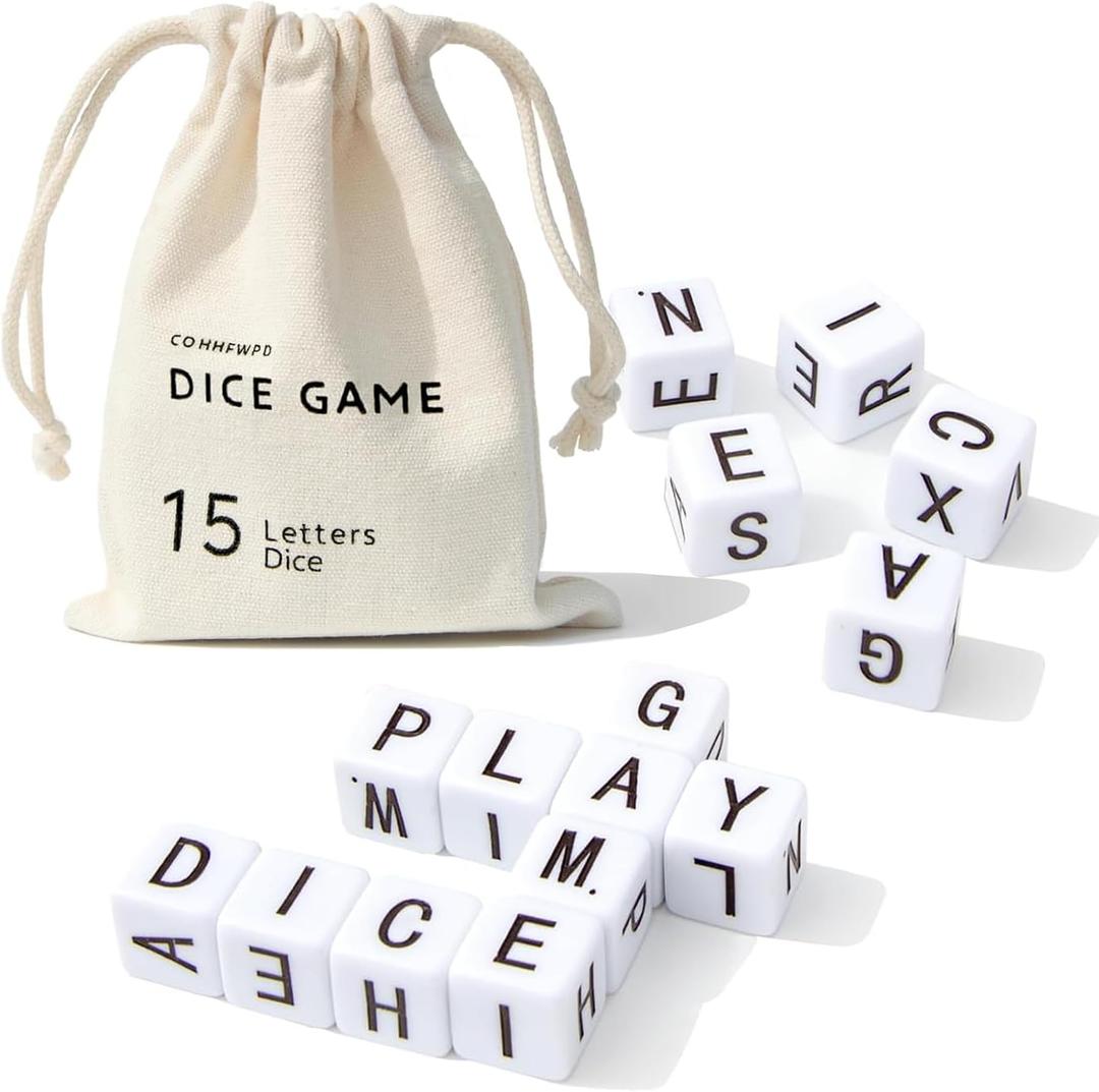 Crossword Dice Game, Word Game, 15 Large Letter Dice, Word Dice Game for Family Games, Travel & On-The-Go Fun