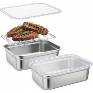 Teenyyou Stainless Steel Food Container with Lid Rack Roasting Baking Pan Cake Pan with Lid and Rack Half Size Summer Hotel Fruit Storage Container for Freezer Kitchen Restaurant, 32 x 26 cm(3.9 Inch)