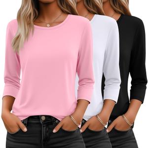 Ficerd 3 Pack 3/4 Sleeve Tops for Women Round Neck Dressy Basics Tees Casual Trendy Loose Fit T Shirts (Medium)