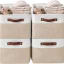 DECOMOMO Storage Bins, Large Fabric Storage Baskets for Shelves, Decorative Linen Closet Organizer, 15 x 11 x 9.5 inches (Beige & White, 4 Pack)