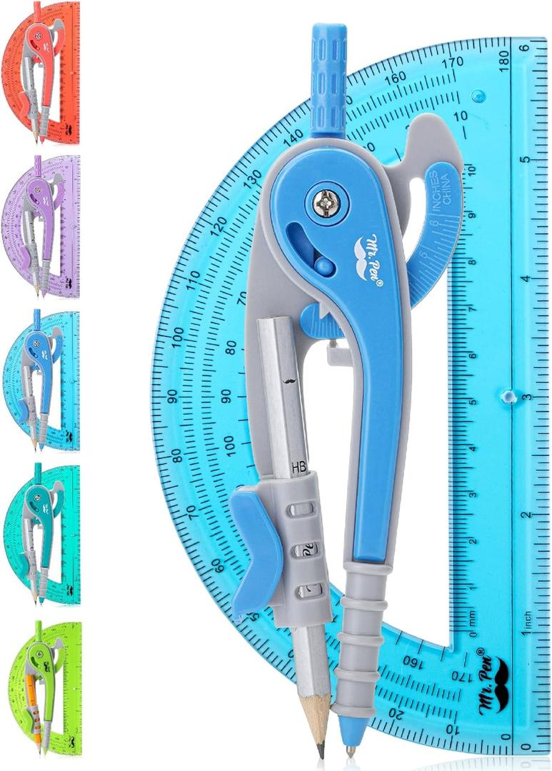 Mr. Pen- Geometry Compass and Protractor Set, 6 Inch Compass, 6 Inch Protractor, Drawing Tool for School, Clear Plastic, Easy Grip, Precision Design for Math, Art, Drafting, Architecture (Blue)