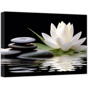 CCWACPP Zen Canvas Wall Art White Lotus Bloom in Water Picture Flowers Stone Spa Painting for Yoga Meditation Room Bathroom Prints Wall Decor Frame (Zen - 2, 16x24inch)