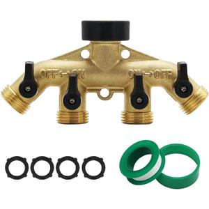 ATDAWN 4 Way Brass Hose Splitter, 3/4" Brass Hose Faucet Manifold, Garden Hose Adapter Connector