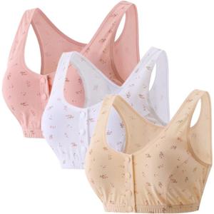 3Pack Middle-Aged Elder Woman Floral Wirefree Bra Front Button Closeure Soft Cotton Bra for Mom Grandma Gift 36B