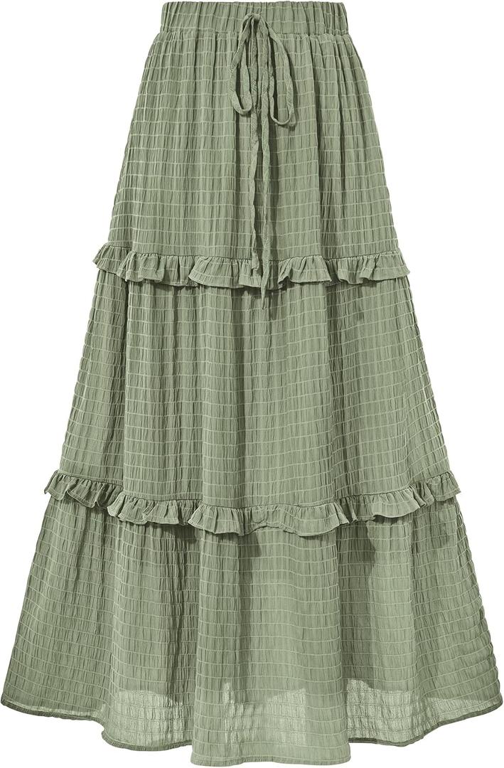 BTFBM Women's Long Summer Skirt 2026 Elegant High Waist Cocktail Party Wedding Guest Dress Flared A-Line Midi Skirts(Green, Medium)