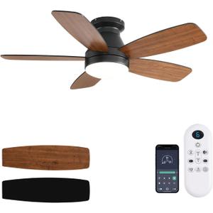 JSAITEE Ceiling Fans with Lights, 42 Inch Low Profile Ceiling Fan with Light and Remote/App Control, Flush Mount, Reversible, 3CCT, Dimmable, Noiseless, Brown Ceiling Fan for Indoor/Outdoor Use